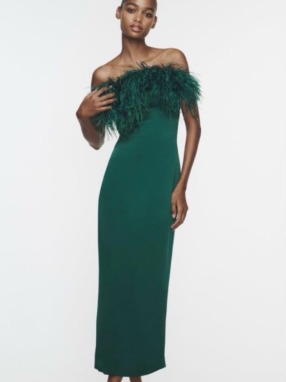 Zara Satin Strapless Feather-Trim Column Women’s Gown - Emerald Green Size L